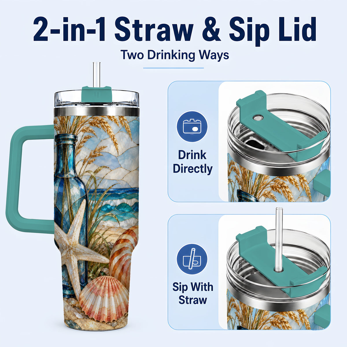 #pl[40oz|Green] Coastal Seashell 40oz Tumbler with Handle, Beach Stainless Steel Cup