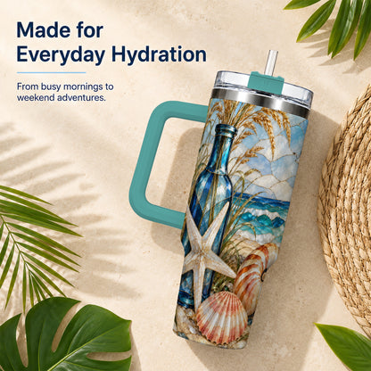 #pl[40oz|Green] Coastal Seashell 40oz Tumbler with Handle, Beach Stainless Steel Cup