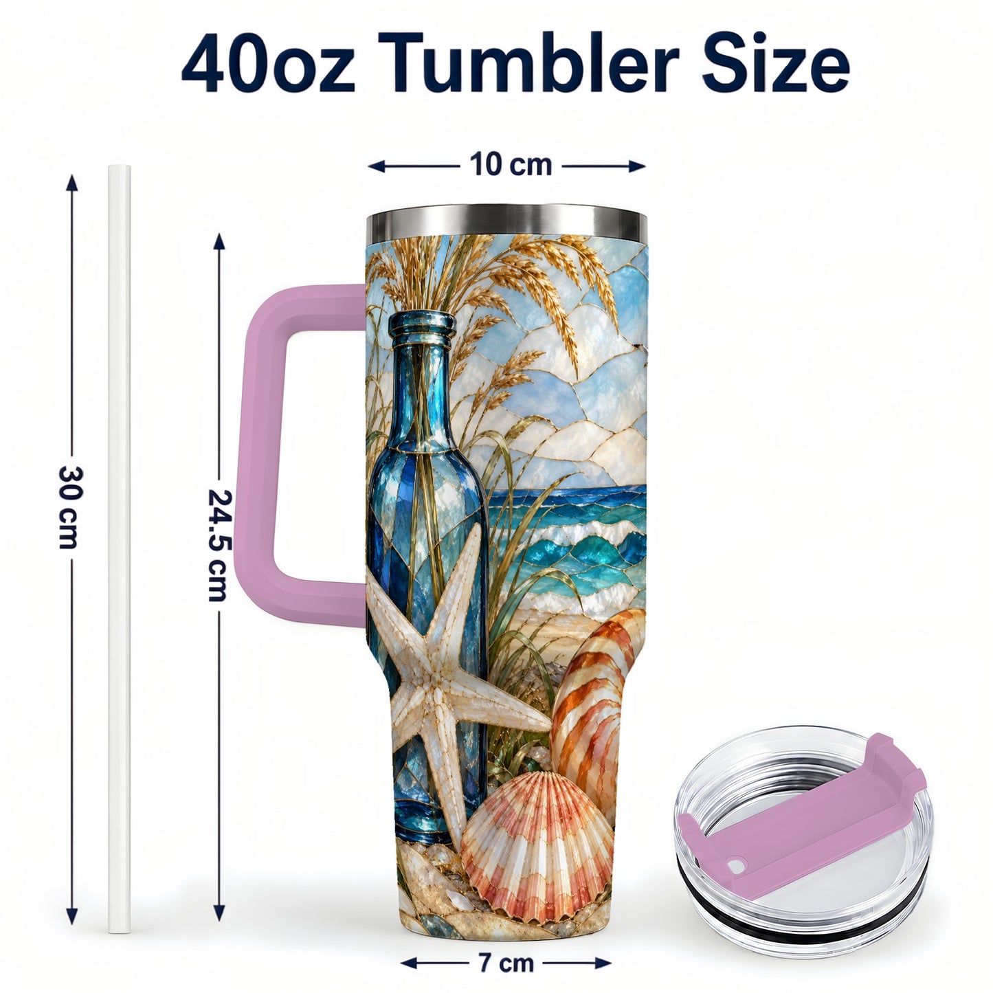 #pl[40oz|Pink] Coastal Seashell 40oz Tumbler with Handle, Beach Stainless Steel Cup