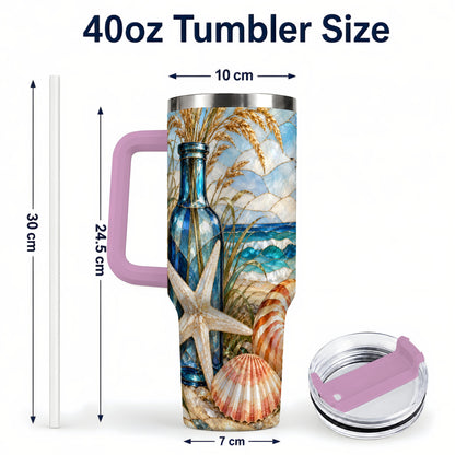 #pl[40oz|Pink] Coastal Seashell 40oz Tumbler with Handle, Beach Stainless Steel Cup