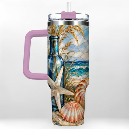#pl[40oz|Pink] Coastal Seashell 40oz Tumbler with Handle, Beach Stainless Steel Cup