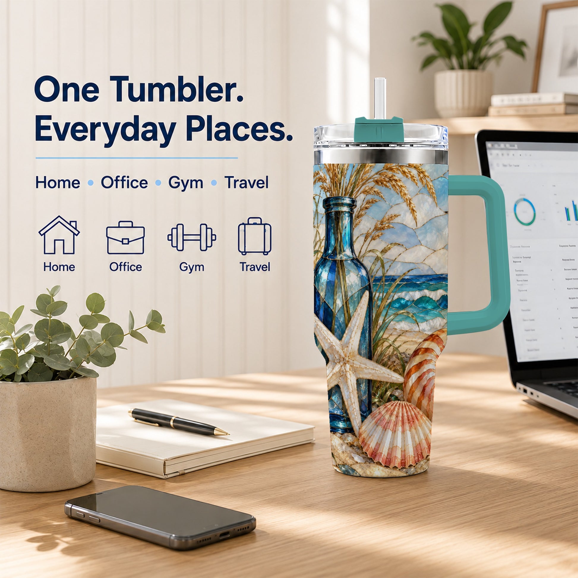 #pl[40oz|Green] Coastal Seashell 40oz Tumbler with Handle, Beach Stainless Steel Cup