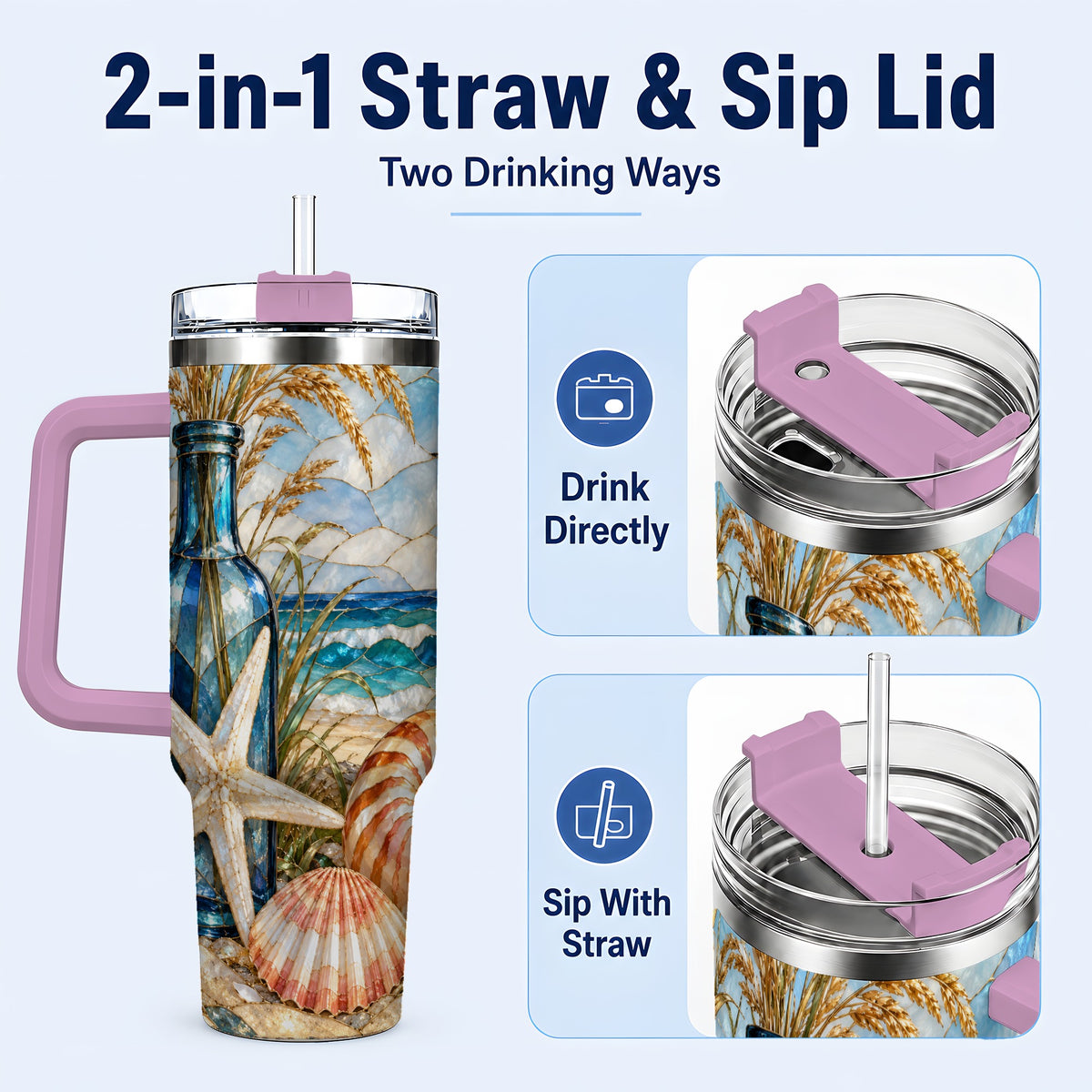 #pl[40oz|Pink] Coastal Seashell 40oz Tumbler with Handle, Beach Stainless Steel Cup