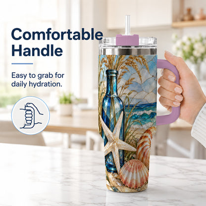 #pl[40oz|Pink] Coastal Seashell 40oz Tumbler with Handle, Beach Stainless Steel Cup