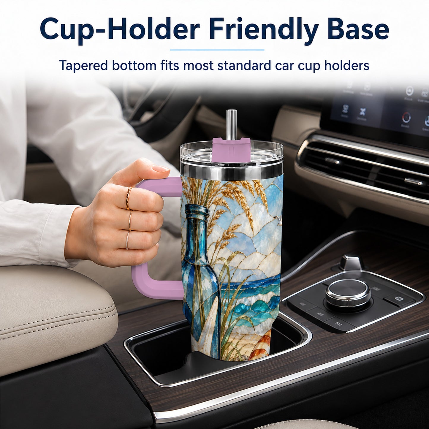 #pl[40oz|Pink] Coastal Seashell 40oz Tumbler with Handle, Beach Stainless Steel Cup