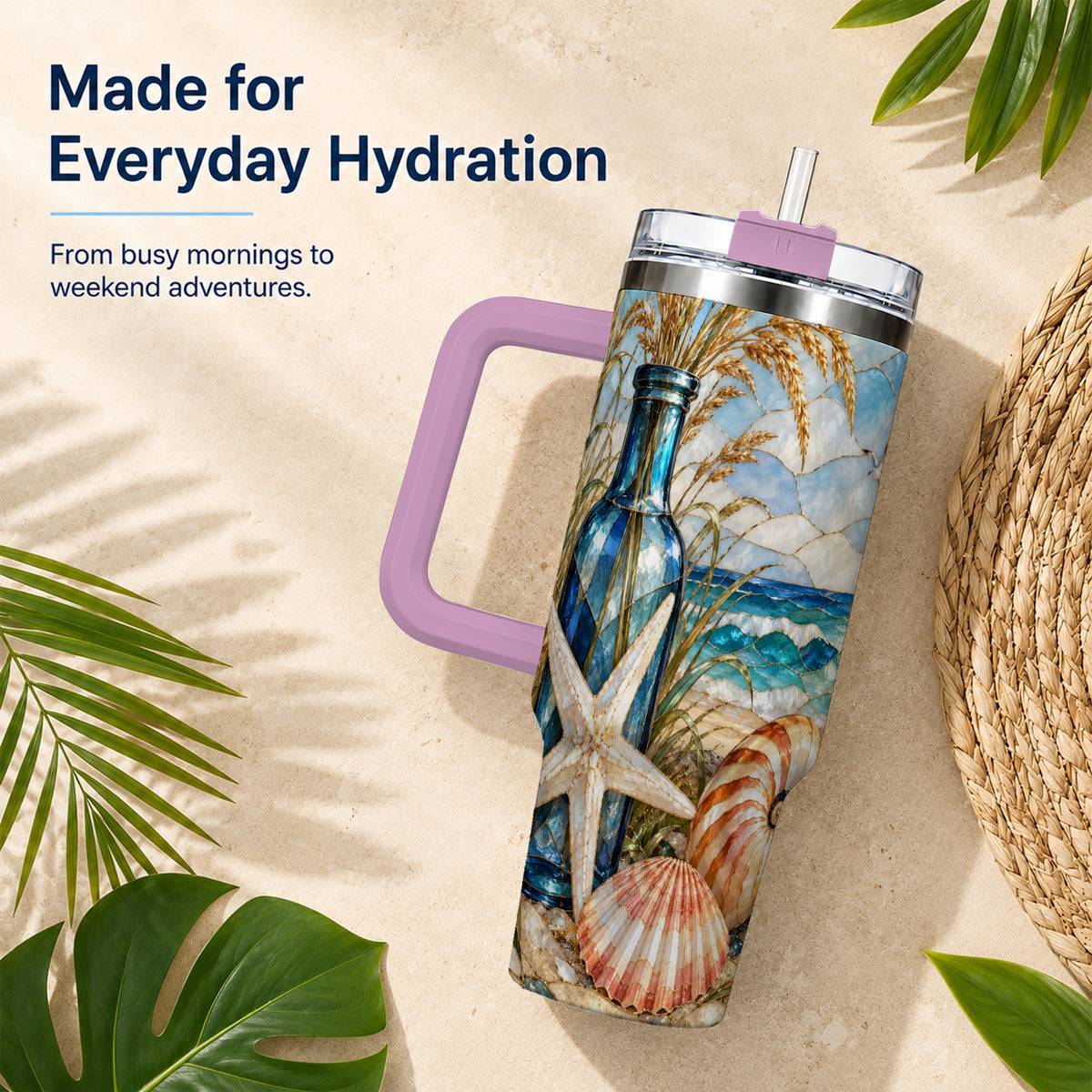 #pl[40oz|Pink] Coastal Seashell 40oz Tumbler with Handle, Beach Stainless Steel Cup