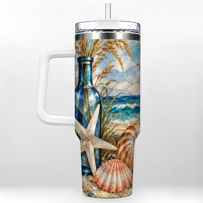 Coastal Seashell 40oz Tumbler with Handle, Beach Stainless Steel Cup