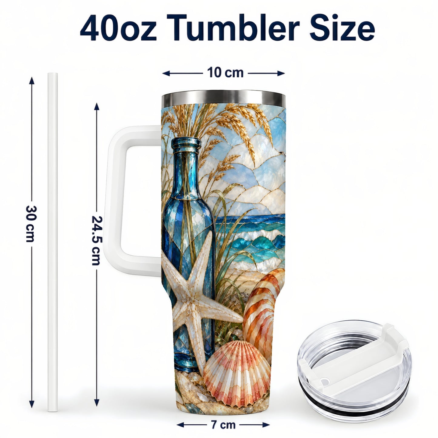 #pl[40oz|White] Coastal Seashell 40oz Tumbler with Handle, Beach Stainless Steel Cup