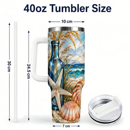 #pl[40oz|White] Coastal Seashell 40oz Tumbler with Handle, Beach Stainless Steel Cup