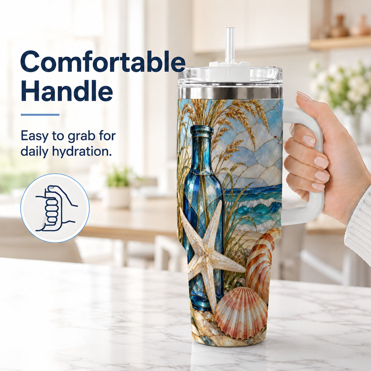 #pl[40oz|White] Coastal Seashell 40oz Tumbler with Handle, Beach Stainless Steel Cup