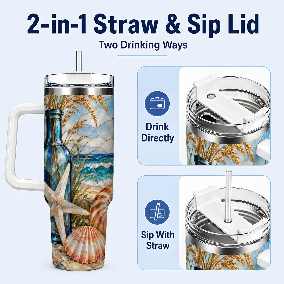 #pl[40oz|White] Coastal Seashell 40oz Tumbler with Handle, Beach Stainless Steel Cup