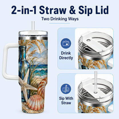 #pl[40oz|White] Coastal Seashell 40oz Tumbler with Handle, Beach Stainless Steel Cup