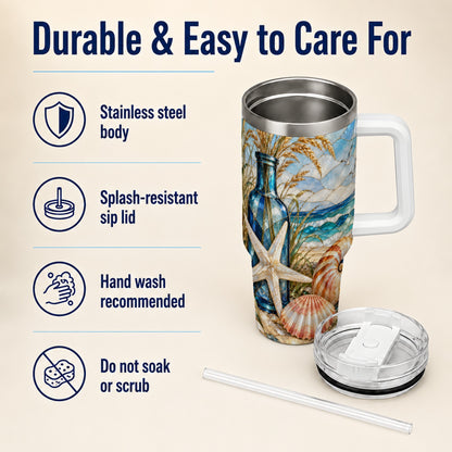 #pl[40oz|White] Coastal Seashell 40oz Tumbler with Handle, Beach Stainless Steel Cup