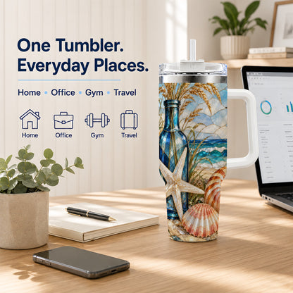 #pl[40oz|White] Coastal Seashell 40oz Tumbler with Handle, Beach Stainless Steel Cup
