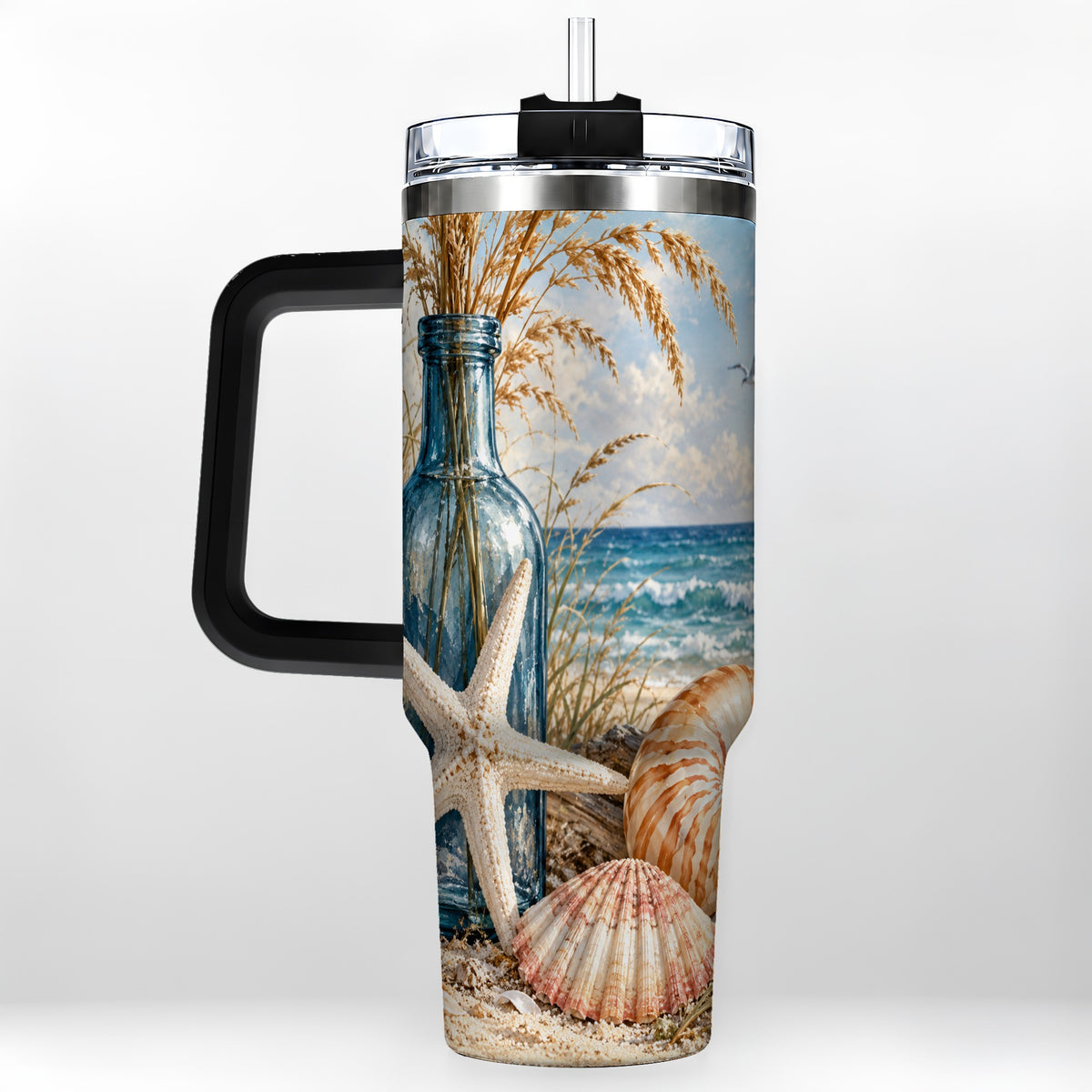 #pl[40oz|Black] Beach Seashell 40oz Tumbler with Handle, Coastal Stainless Steel Cup