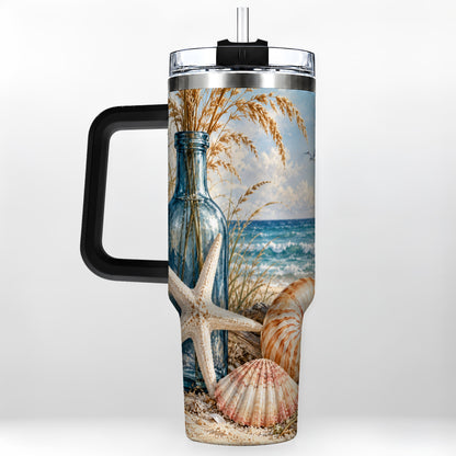 #pl[40oz|Black] Beach Seashell 40oz Tumbler with Handle, Coastal Stainless Steel Cup