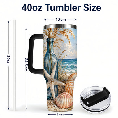 #pl[40oz|Black] Beach Seashell 40oz Tumbler with Handle, Coastal Stainless Steel Cup