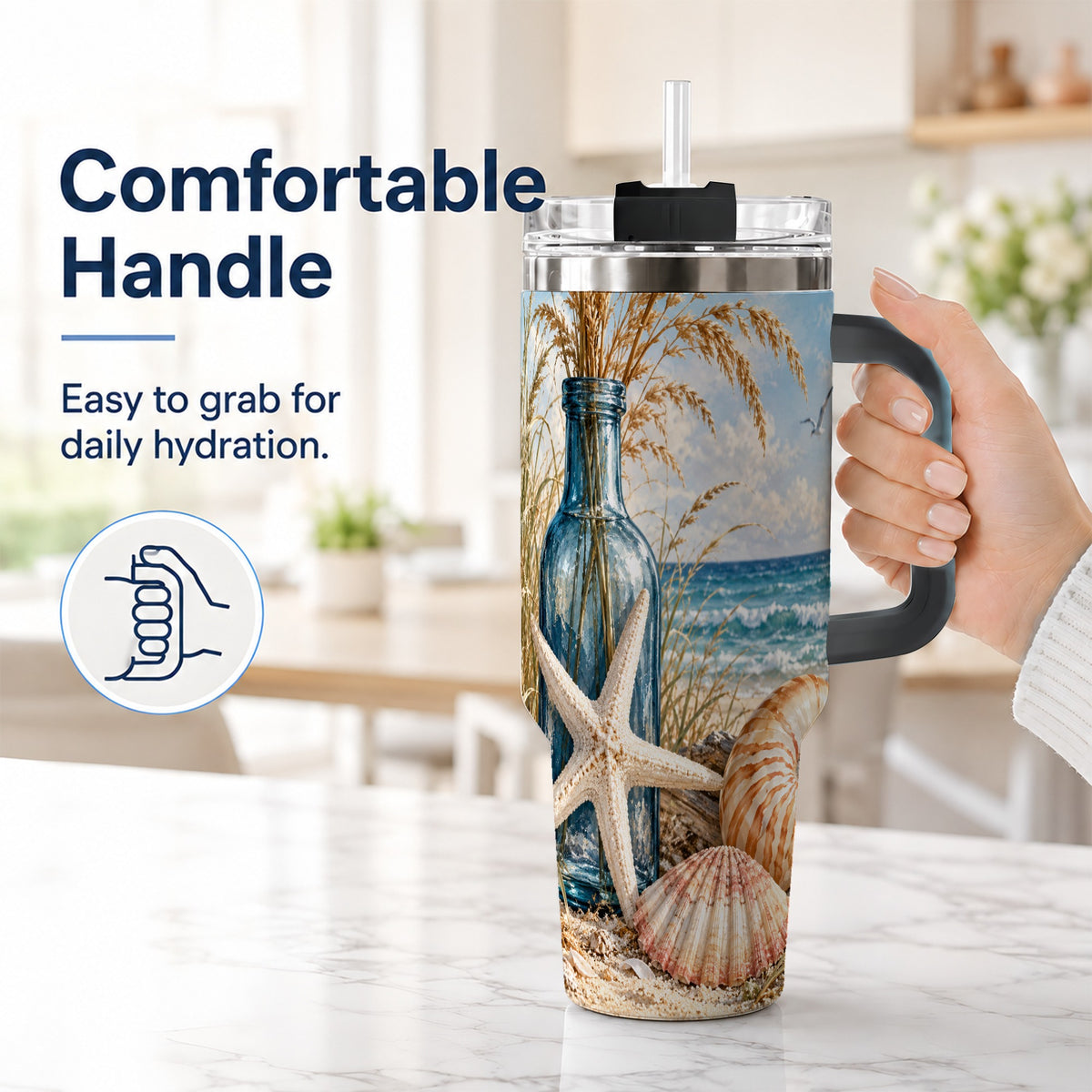 #pl[40oz|Black] Beach Seashell 40oz Tumbler with Handle, Coastal Stainless Steel Cup