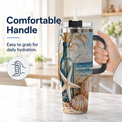 #pl[40oz|Black] Beach Seashell 40oz Tumbler with Handle, Coastal Stainless Steel Cup