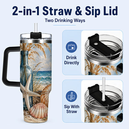 #pl[40oz|Black] Beach Seashell 40oz Tumbler with Handle, Coastal Stainless Steel Cup