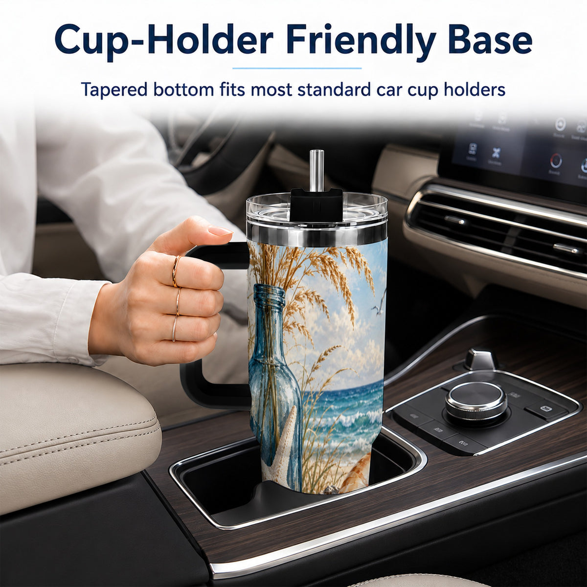 #pl[40oz|Black] Beach Seashell 40oz Tumbler with Handle, Coastal Stainless Steel Cup