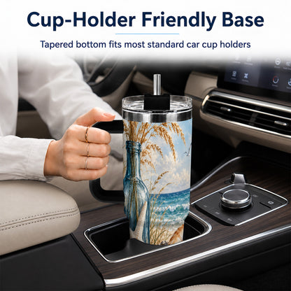 #pl[40oz|Black] Beach Seashell 40oz Tumbler with Handle, Coastal Stainless Steel Cup