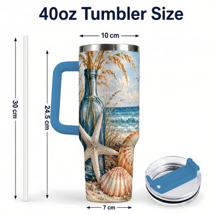 #pl[40oz|Blue] Beach Seashell 40oz Tumbler with Handle, Coastal Stainless Steel Cup