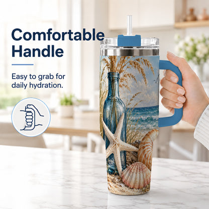 #pl[40oz|Blue] Beach Seashell 40oz Tumbler with Handle, Coastal Stainless Steel Cup