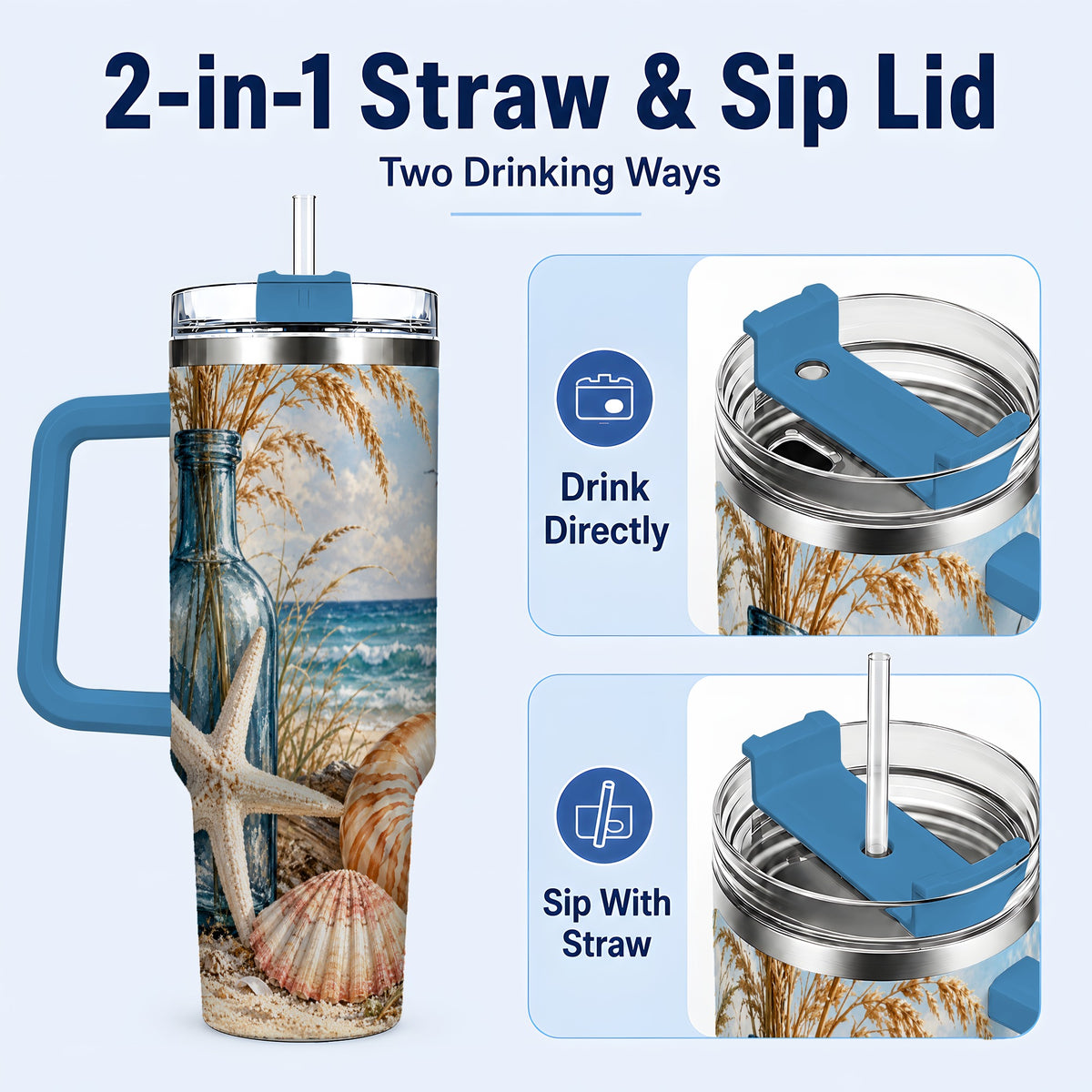 #pl[40oz|Blue] Beach Seashell 40oz Tumbler with Handle, Coastal Stainless Steel Cup