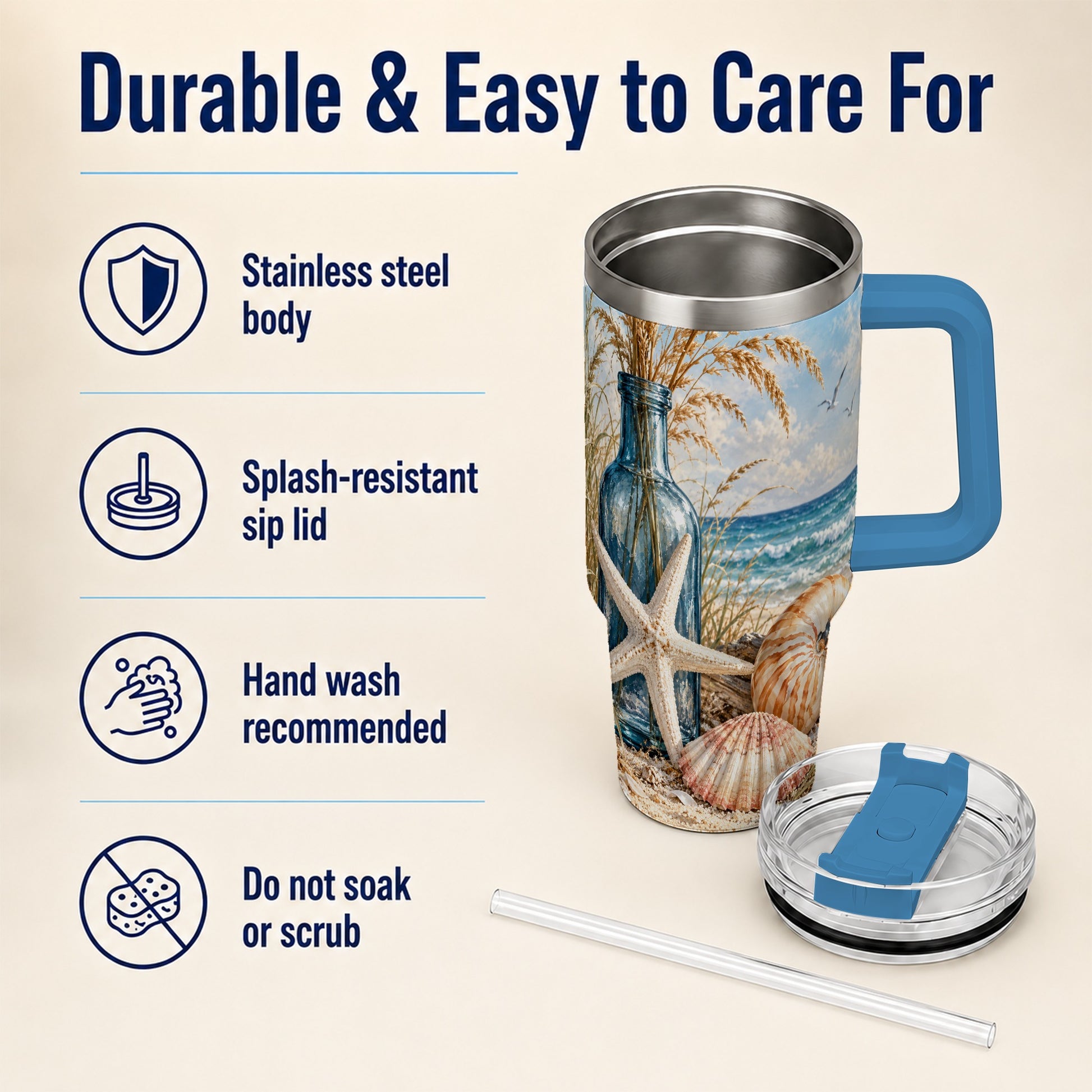 #pl[40oz|Blue] Beach Seashell 40oz Tumbler with Handle, Coastal Stainless Steel Cup