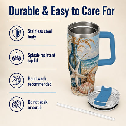 #pl[40oz|Blue] Beach Seashell 40oz Tumbler with Handle, Coastal Stainless Steel Cup