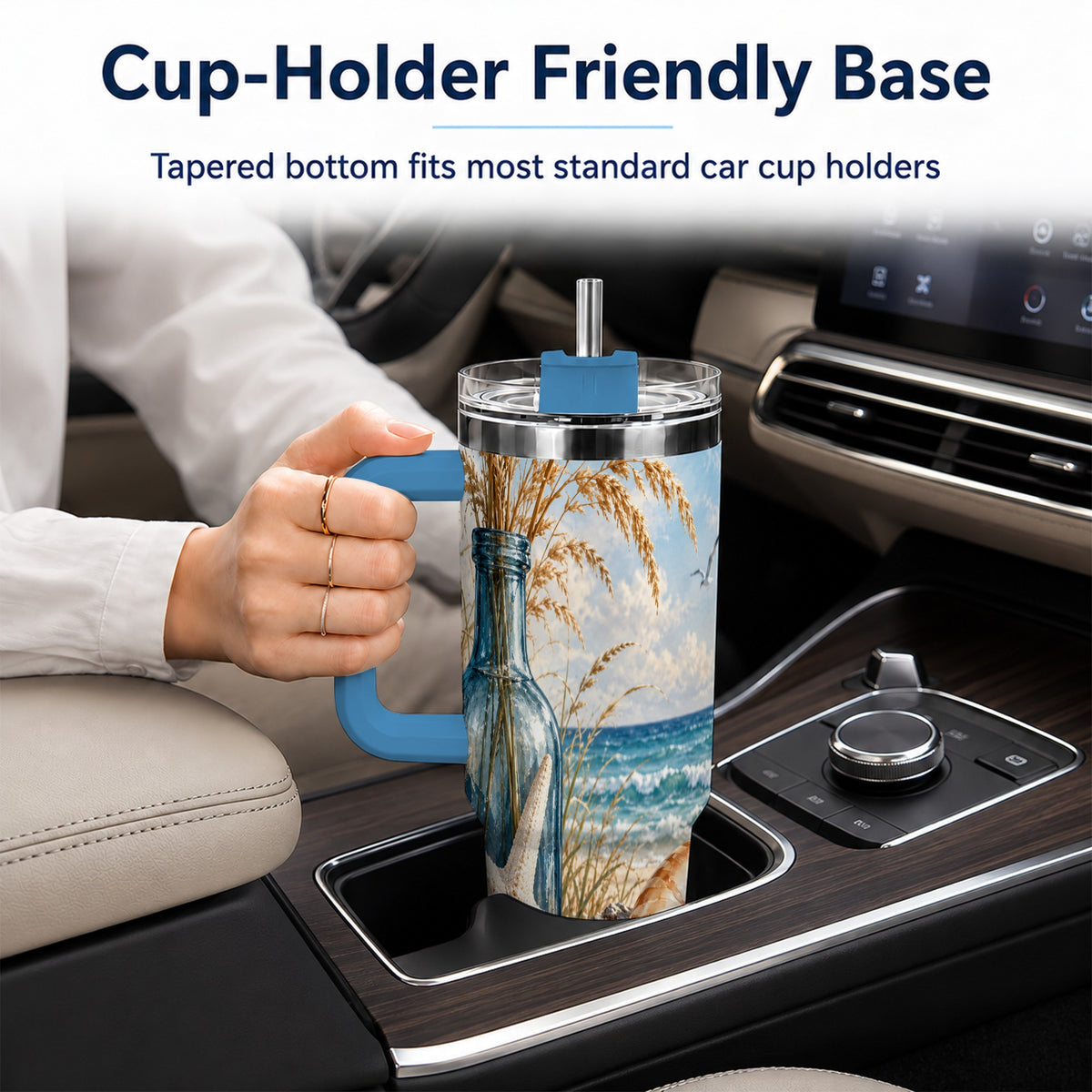#pl[40oz|Blue] Beach Seashell 40oz Tumbler with Handle, Coastal Stainless Steel Cup