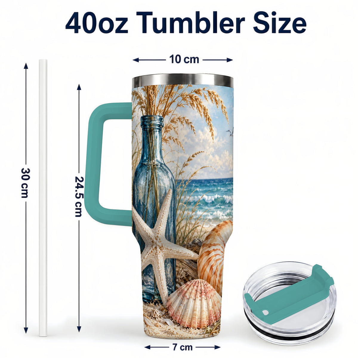 #pl[40oz|Green] Beach Seashell 40oz Tumbler with Handle, Coastal Stainless Steel Cup