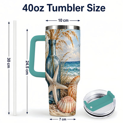 #pl[40oz|Green] Beach Seashell 40oz Tumbler with Handle, Coastal Stainless Steel Cup