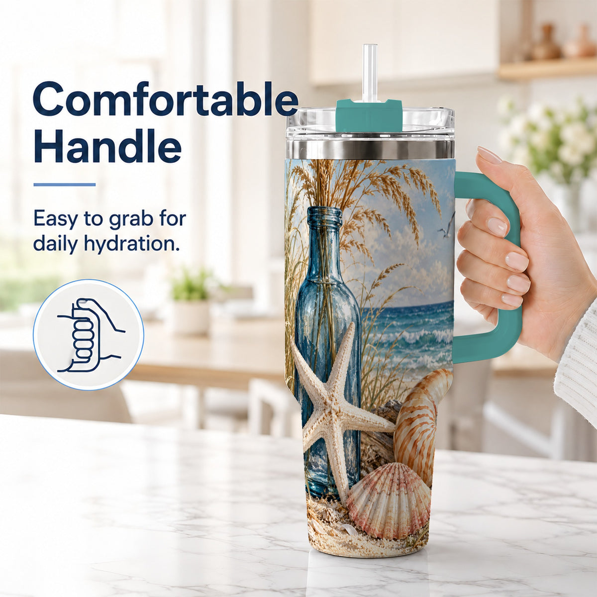 #pl[40oz|Green] Beach Seashell 40oz Tumbler with Handle, Coastal Stainless Steel Cup