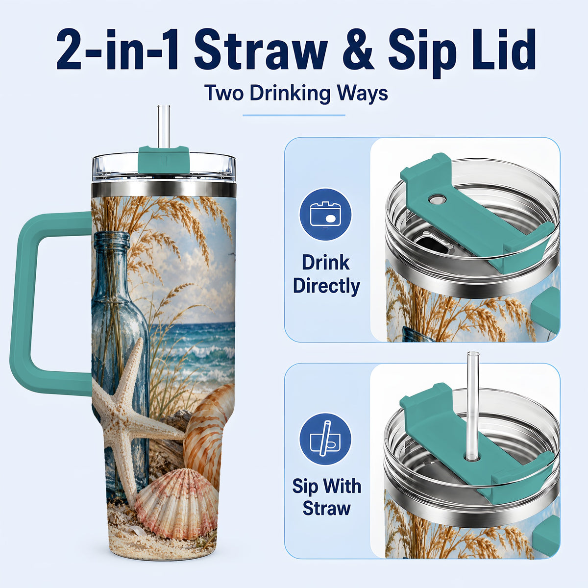#pl[40oz|Green] Beach Seashell 40oz Tumbler with Handle, Coastal Stainless Steel Cup