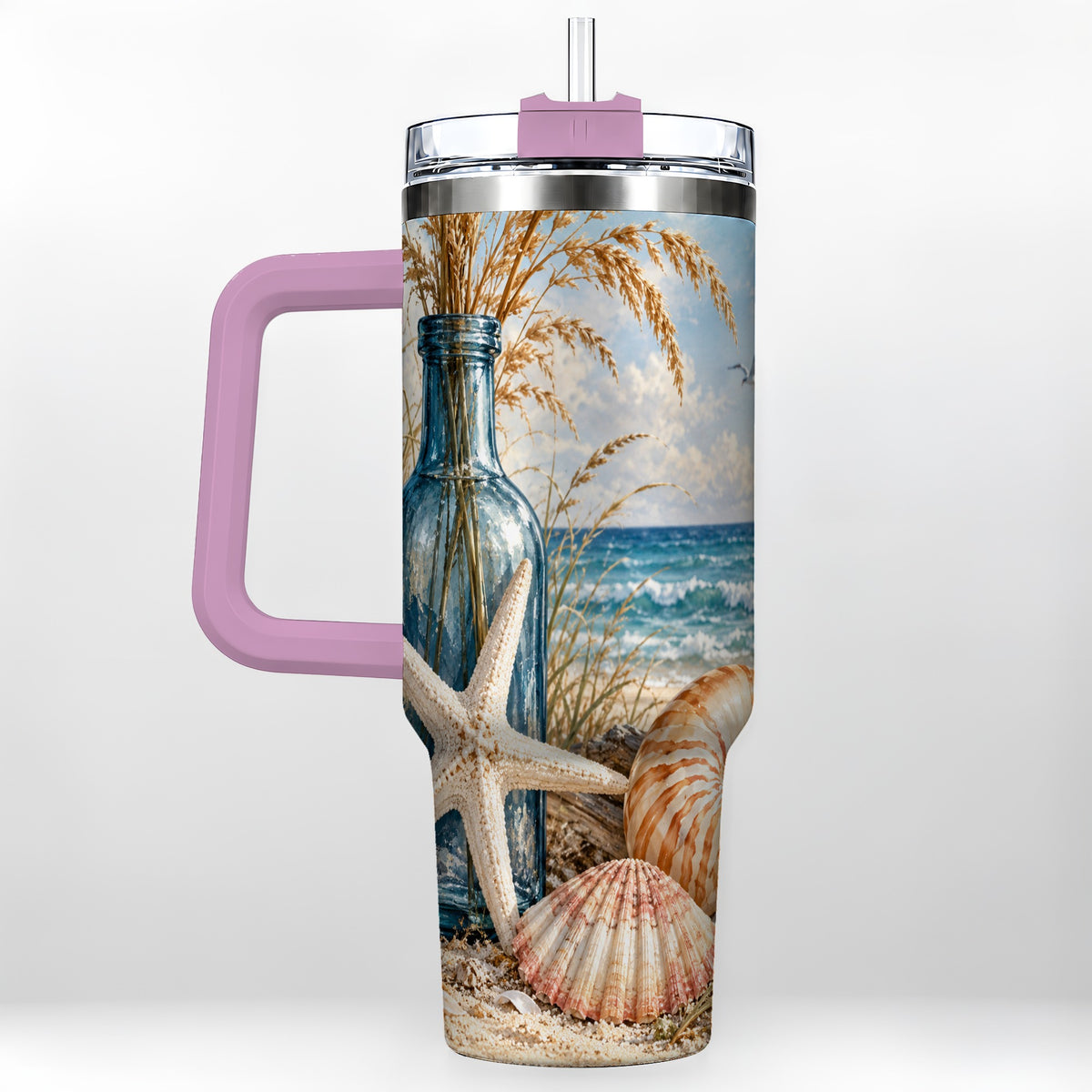 #pl[40oz|Pink] Beach Seashell 40oz Tumbler with Handle, Coastal Stainless Steel Cup