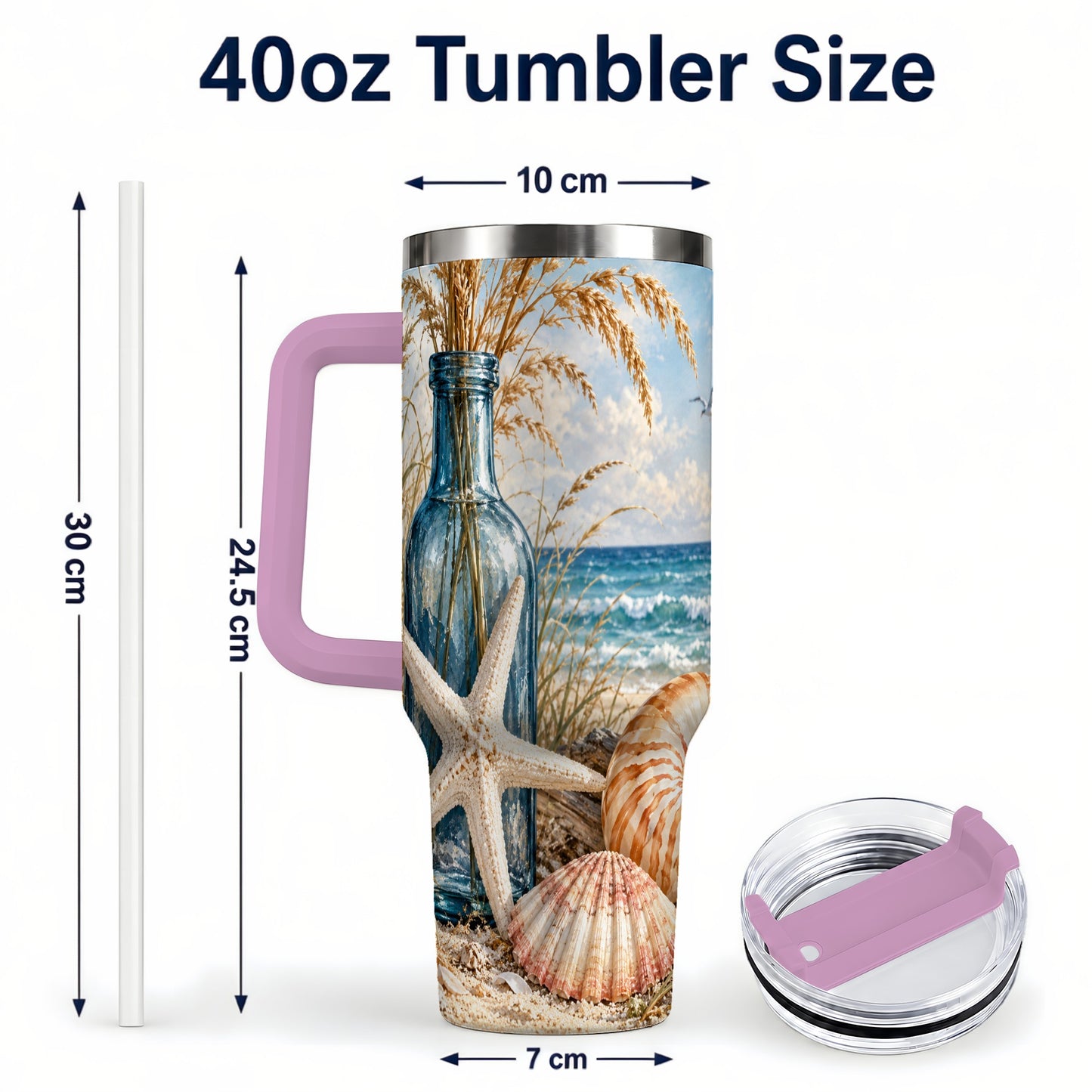 #pl[40oz|Pink] Beach Seashell 40oz Tumbler with Handle, Coastal Stainless Steel Cup