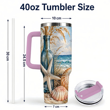 #pl[40oz|Pink] Beach Seashell 40oz Tumbler with Handle, Coastal Stainless Steel Cup
