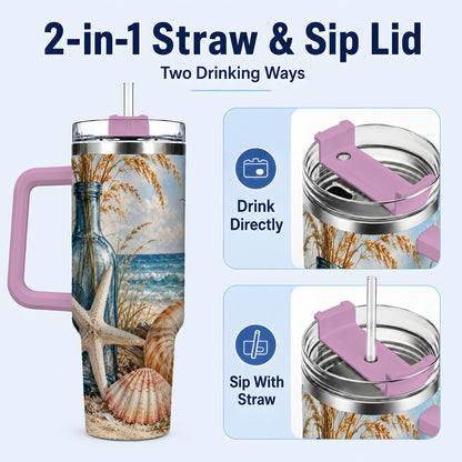 #pl[40oz|Pink] Beach Seashell 40oz Tumbler with Handle, Coastal Stainless Steel Cup