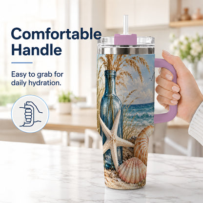 #pl[40oz|Pink] Beach Seashell 40oz Tumbler with Handle, Coastal Stainless Steel Cup