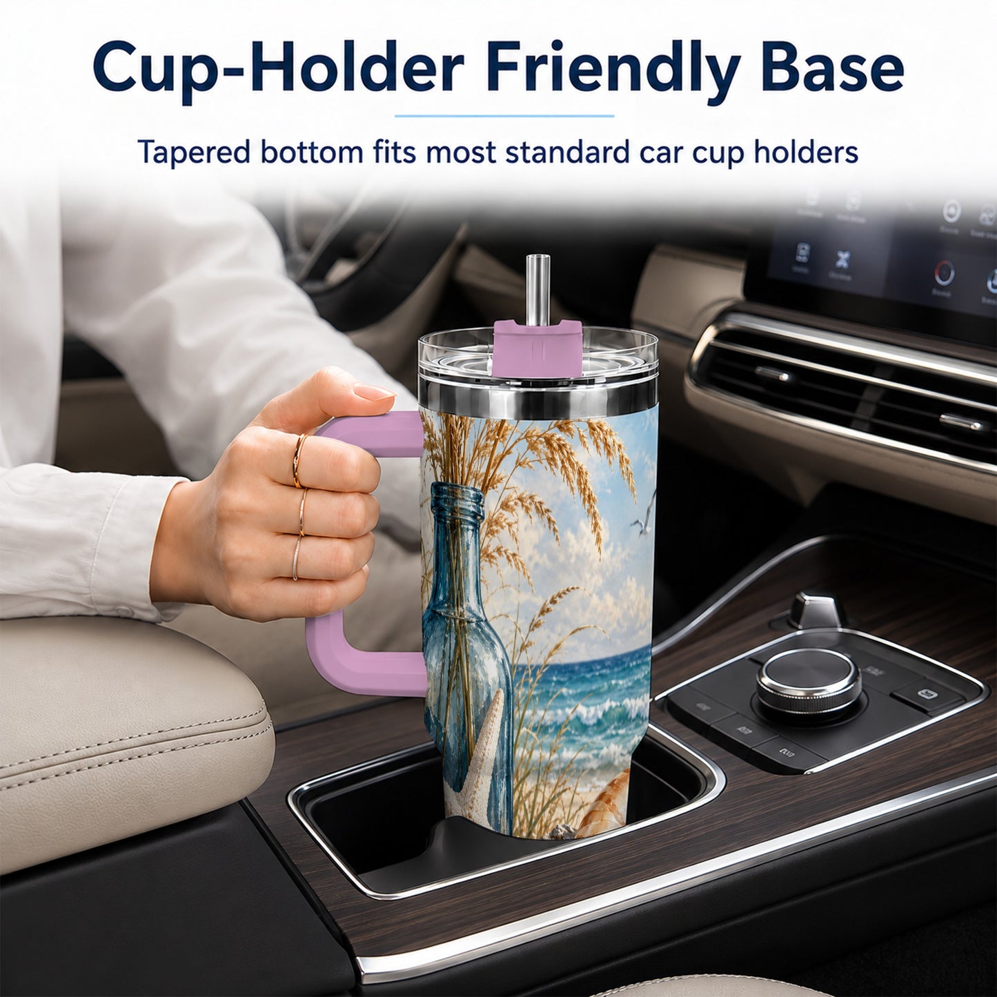 #pl[40oz|Pink] Beach Seashell 40oz Tumbler with Handle, Coastal Stainless Steel Cup