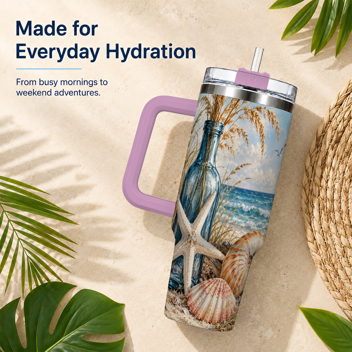 #pl[40oz|Pink] Beach Seashell 40oz Tumbler with Handle, Coastal Stainless Steel Cup