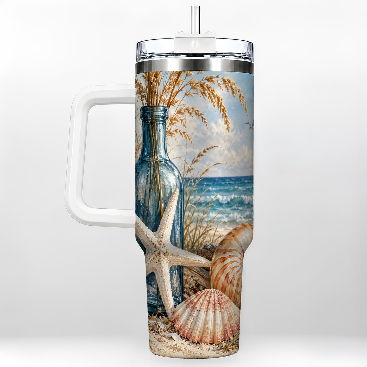 Beach Seashell 40oz Tumbler with Handle, Coastal Stainless Steel Cup