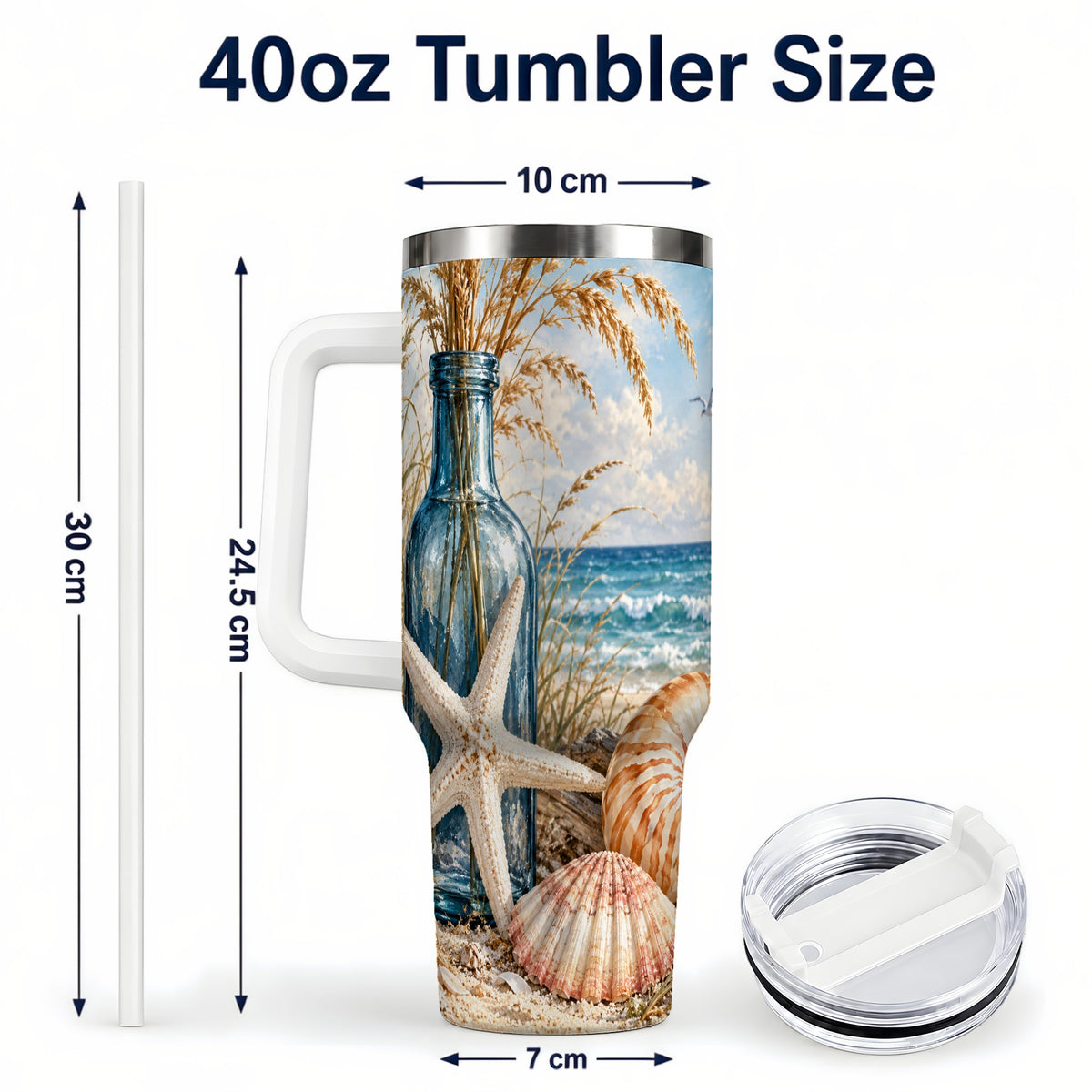#pl[40oz|White] Beach Seashell 40oz Tumbler with Handle, Coastal Stainless Steel Cup