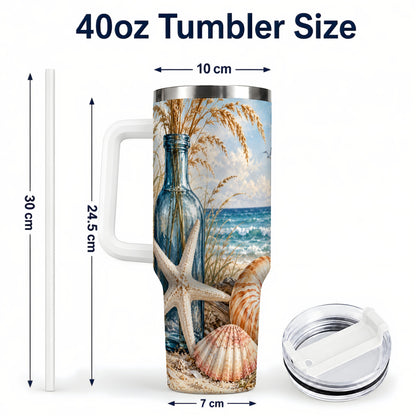#pl[40oz|White] Beach Seashell 40oz Tumbler with Handle, Coastal Stainless Steel Cup