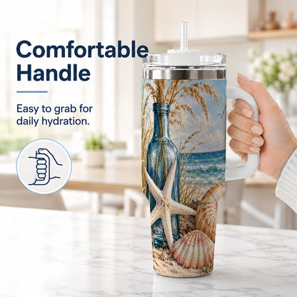 #pl[40oz|White] Beach Seashell 40oz Tumbler with Handle, Coastal Stainless Steel Cup