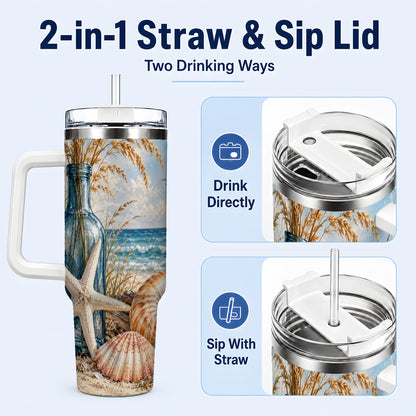 #pl[40oz|White] Beach Seashell 40oz Tumbler with Handle, Coastal Stainless Steel Cup