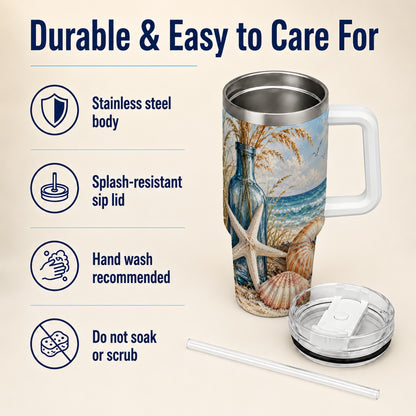 #pl[40oz|White] Beach Seashell 40oz Tumbler with Handle, Coastal Stainless Steel Cup
