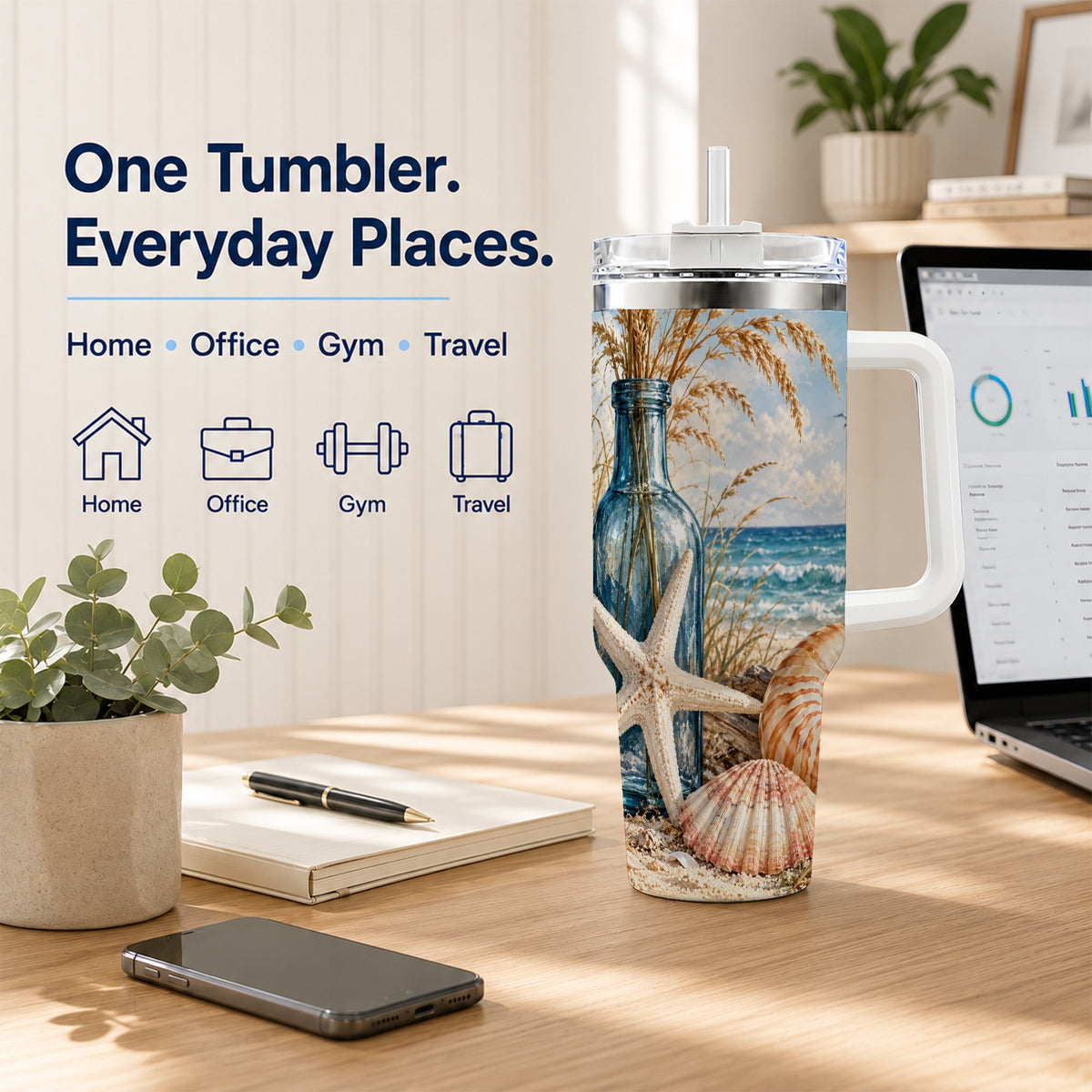 #pl[40oz|White] Beach Seashell 40oz Tumbler with Handle, Coastal Stainless Steel Cup